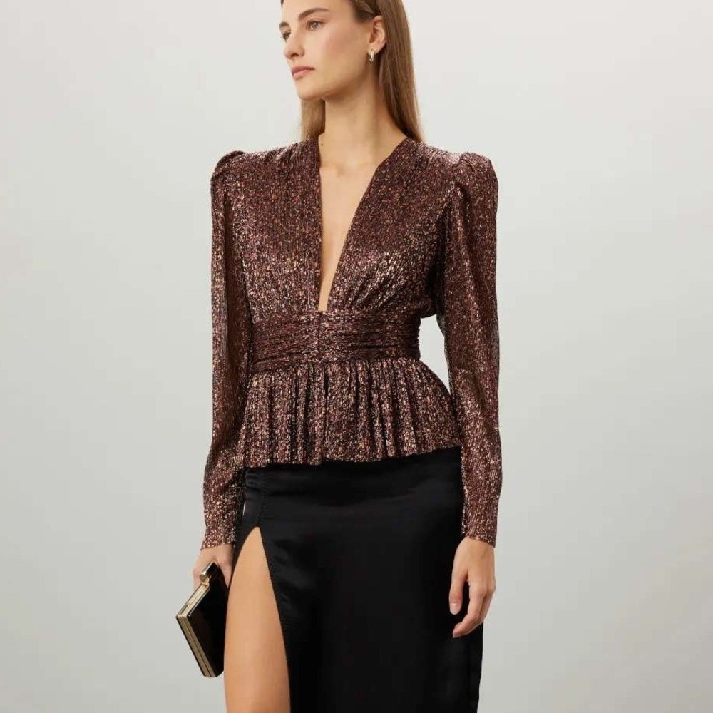 Sabina Musayev Maxim Metallic Top Size Large Burgundy Long Sleeve Holiday NYE